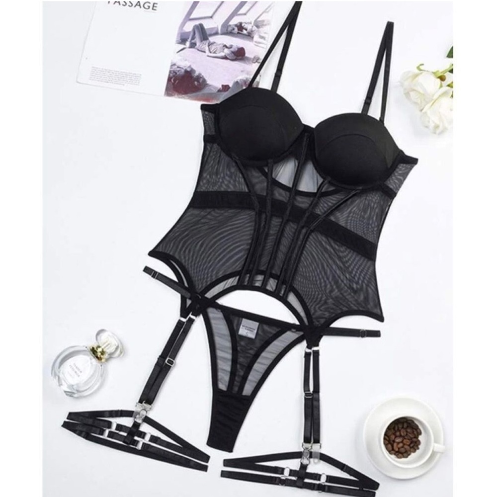 Vamp Royal Regency Halloween Goth Black Mesh Corset Bustier Garter Set - Picture 7 of 13